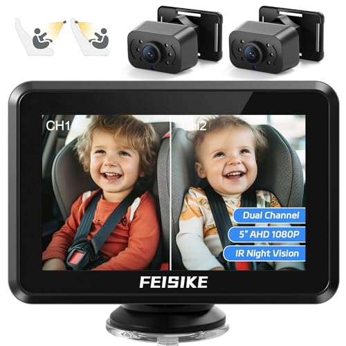 FEISIKE Baby Car Camera, 1080P Dual-Channel 5 inch Display Baby Car Mirror with 2 IR Night Vision Camera, Easily Install Car Camera for Baby with Crystal Clear Wide View for Rear Facing Seat