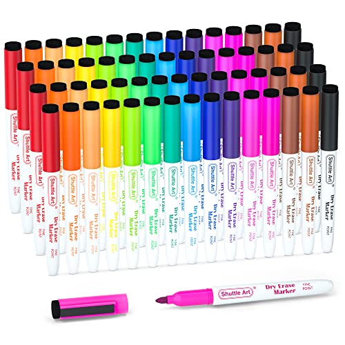 Dry Erase Markers, Shuttle Art 60 Bulk Pack 15 Colors Magnetic Whiteboard Markers with Erase, Fine Point Dry Erase Markers Perfect for Writing on Whiteboards, Glass, Mirror for School Office Home