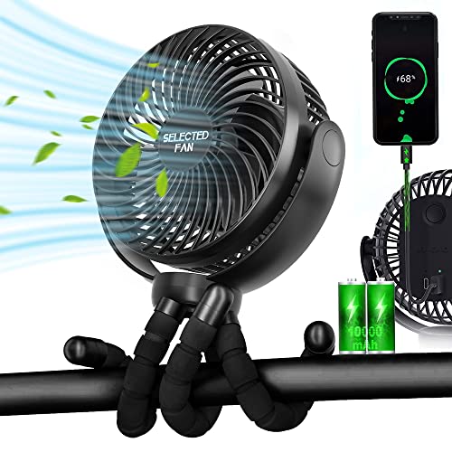 Stroller Fan, Use As Power Bank, 66H 10000mAh Battery Operated Fan, Personal Portable Fan, Baby Stroller Fan, with Flexible Tripod Clip on Student Bed Desk Bike Crib Treadmill Camping (Black)