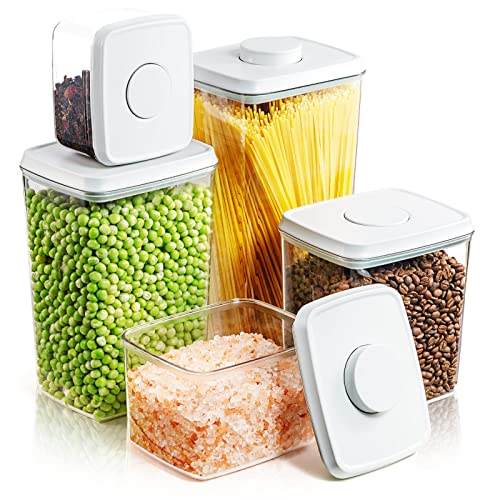 Tourdeus Pop Up Lid Food Storage Containers, Clear Storage Containers for Pantry Airtight Kitchen Containers Storage Set - 5 Pack for Cereal, Flour and Sugar, 3.5Qt, 2.9Qt, 2.1Qt, 1.3Qt, 0.6Qt