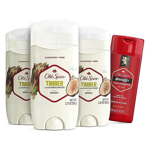 Old Spice Men's Deodorant Aluminum-Free Timber with Sandalwood, 3.0oz Pack of 3 with Travel-Size Swagger Body Wash