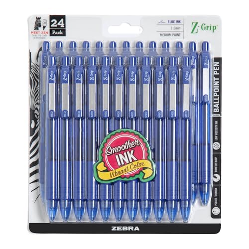 Zebra Pen Z-Grip Retractable Ballpoint Pen, Medium Point, Blue Ink, 24-Pack, Model Number: 12225