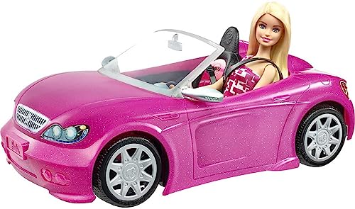 Barbie Doll & Car Playset, Sparkly Pink 2-Seater Toy Convertible with Glam Details & Fashion Doll in Sundress & Sunglasses (Amazon Exclusive)