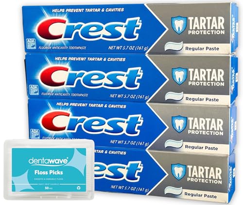 Tartar Protection Toothpaste, Regular Paste 5.7oz (4 Pack) Helps Control Tartar and Prevent Cavities Bundle with dentawave Floss Picks 50ct