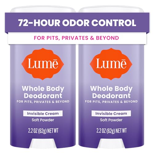 Lume Whole Body Deodorant - Invisible Cream Stick - 72 Hour Odor Control - Aluminum Free, Baking Soda Free, Skin Safe - 2.2 Ounce (Pack of 2) (Soft Powder)