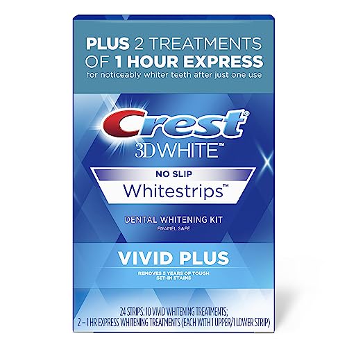 Crest 3DWhitestrips Vivid Plus Whitestrips 3D White, 10 Treatments + 1 Hour Express 2 Treatments Teeth Whitening Kit, 8 Levels Whiter, Crest Teeth Whitening Strips