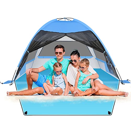 Large Beach Tent,Anti-UV Sun Shade Shelter,Outdoor Sun Shelter Beach Canopy Tent Fits 3-4 Person,Portable Beach Shade Tent with Extended Floor & 3 Ventilating Mesh Windows