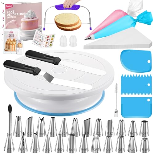 Syntus 65 PCs Cake Decorating Kit with Cake Stand Turntable, Cake Baking Supplies 30+1 Piping Bags, 24 Piping Tips, Offset & Straight Spatulas, 3 Scrapers, Leveler, 2 Couplers & 1 Tips Brush