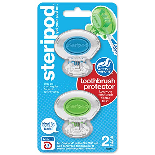 Steripod Clip-On Toothbrush Protector, Clear Blue and Clear Green, 2 Count