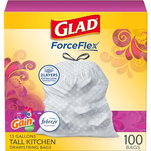 Glad Trash Bags, ForceFlex Tall Kitchen Drawstring Garbage Bags 13 Gallon White Trash Bag, Gain Moonlight Breeze scent with Febreze Freshness 100 Count (Package May Vary)