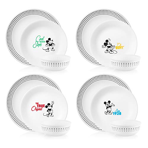 Corelle Vitrelle 12-Piece-Dinnerware Set, Triple Layer Glass and Chip Resistant, Lightweight Round-Plates and-Bowls Set, -Disney's-Mickey-Mouse - The True Original