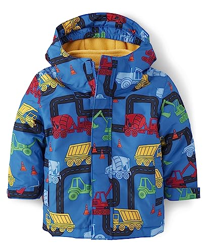 The Children's Place Baby Boys' and Toddler Heavy 3 in 1 Winter Jacket, Wind Water-Resistant Shell, Fleece Inner, Blue Construction Trucks