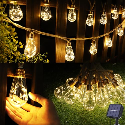 Solar Outdoor String Lights, 20Ft Vintage Rope Hemp Solar Patio Lights, Waterproof Warm White Solar Powered String Lights With 8 Modes 16 Shatterproof Bulbs for Garden Fence Stairs Balcony Café Bistro