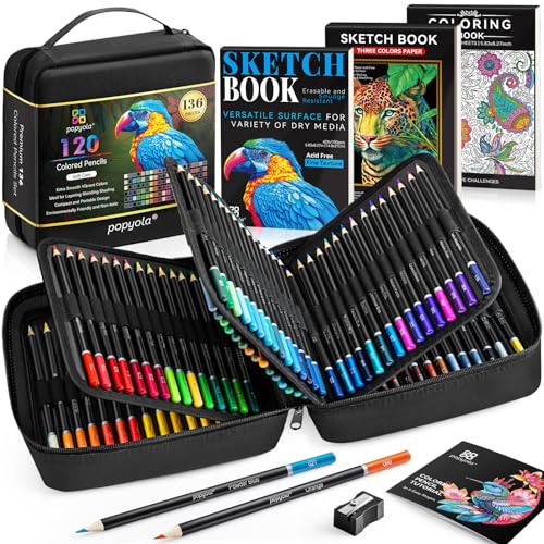 POPYOLA Art Supplies 136 Pack Colored Pencils for Adult Coloring Books, 120 Colors Colored Pencils with Sketchbook, Coloring Book, Sharpener, Soft Core Coloring Pencils for Adults Kids Beginners