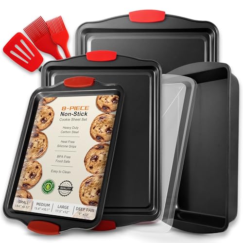 Baking Sheet Set, 8-Piece Cookie Sheet Set with Silicone Handles, Steel Baking Pans Set, Durable Baking Sheets for Oven, BPA Free Cookie Sheets for Baking Nonstick Set, Sheet Pan - Black Baking Tray