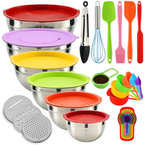 Mixing Bowls with Lids Set, 6 Piece Stainless Steel Mixing Bowls Set for Kitchen with 3 Grater Attachments, Colorful Nesting Bowls Set, Large Size 7, 4, 3, 2, 1.5, 1QT, for Baking, Serving, Prepping