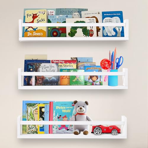 AZSKY Nursery Bookshelves White, 24 Inch Floating Bookshelves for Wall Set of 3, Baby Kids Decor, Solid Wood Wall Mounted Shelves for Books, Toys and Decor Storage