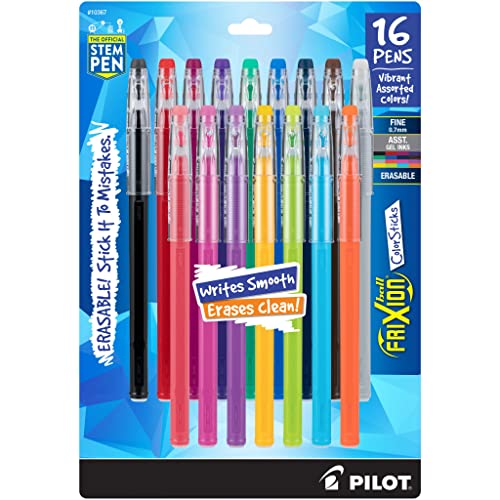 Pilot, FriXion ColorSticks Erasable Gel Ink Pens, Fine Point 0.7 mm, Pack of 16, Assorted Colors