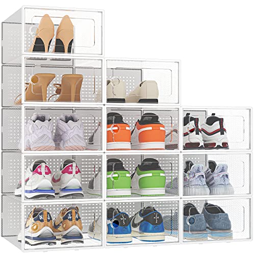 HOMIDEC 12 Pack Shoe Storage Box, Clear Plastic Stackable Sneaker Box, Shoe Organizer for Closet Under Bed Entryway(White)