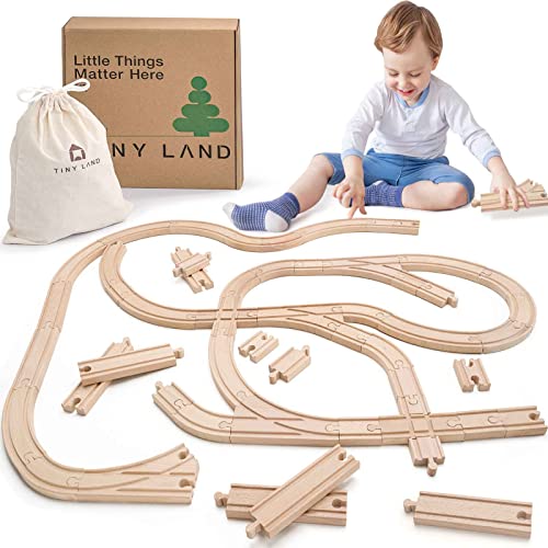 Tiny Land Wooden Train Tracks Set - 52 Pcs Train Track Expansion Pack Fits Thomas, Fits Brio, and Major Railroad Toy Brands