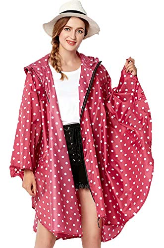 Rain Poncho for Women Adults Hooded Jacket Waterproof Reusable Hiking Rain Coat with Pockets- Red Polka Dot