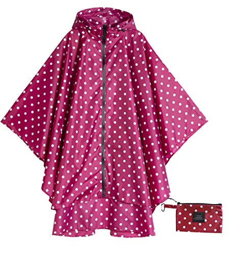 Krespuka Womens Rain Poncho Polyester Waterproof Raincoat with Hood Zipper Outdoor Hiking Biking (red white polka dots)