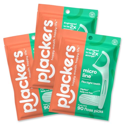 Plackers Micro Line Dental Floss Picks, Fold-Out FlipPick, Tuffloss, Easy Storage with Sure-Zip Seal, Fresh Mint Flavor, 90 Count (Pack of 3) (Packaging May Vary)