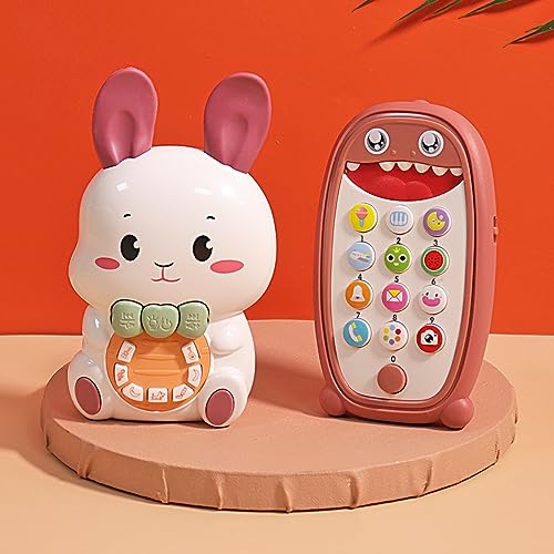 Baby Phone Easter Bunny Music Toy Bundle, Removable Teether Case, Light & Adjustable Volume, Education Preschool Birthday Gift for Infant Kids Boys Girls 6-18 Months, Rabbit and Dinosaur (Brown)