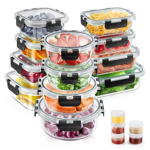 AMALEKO 34pcs Glass Food Storage Containers with Lids Set, Airtight Glass Meal Prep Containers (17 Containers & 17 Lids,Leak) (Black)