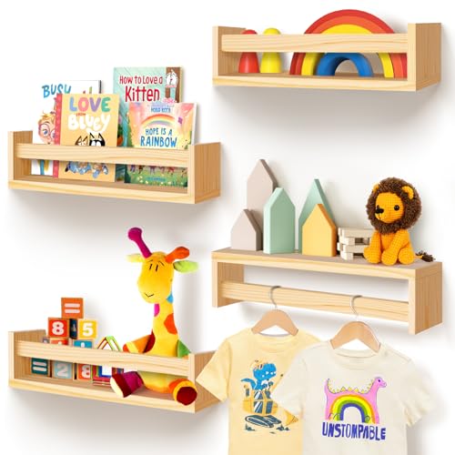 Woodever Nursery Book Shelves Set of 4, 16 Inches Kids Bookshelf, Book Shelf for Kids Room, Floating Shelves for Wall Nursery, Book Storage for Kids, for Bedroom and Palyroom Decor.