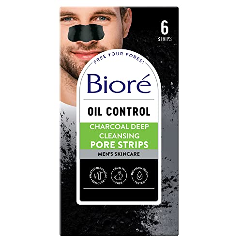 Bioré Men's Oil Control Charcoal Deep Cleansing Pore Strips, Blackhead Strips With Charcoal for Men, Blackhead Remover Strips For All Skin Types, Pore Strips for Blackheads, 6 Count