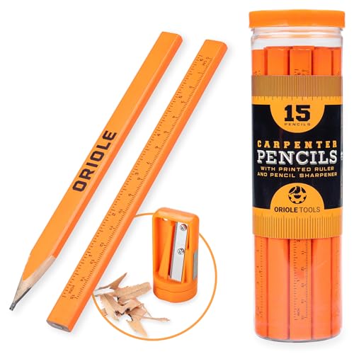 Professional Carpenter Pencils Kit with Storage: 15 Flat Pencils, Sharpener, Durable PVC Container - For Construction, Contractors, and Carpenters