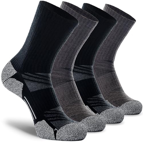 CWVLC Hiking Crew Socks, 4-Pack Men Women Boot Socks for Walking, Hunting, Camping, Winter Outdoor Work, Cosy Cushion, Moisture Wicking, Arch Compression, Anti Blister, X-Large, Black Gray