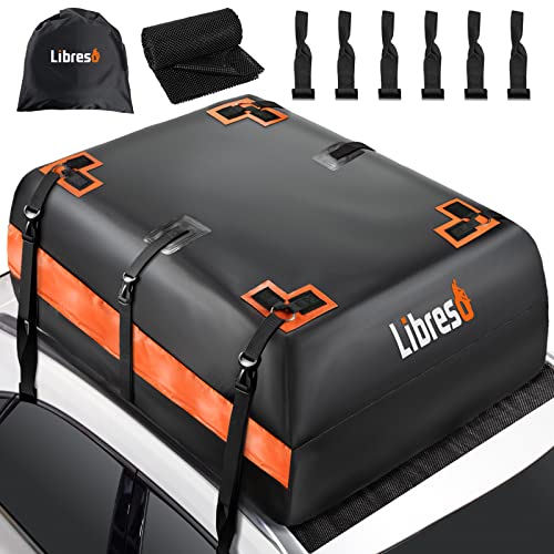 Extra Waterproof Car Rooftop Cargo Carrier Bag with Metal Ring Movable Straps Fit Cars with/Without Roof Rack, 21 Cu Ft Car Top Luggage Roof Bag with Smooth Zipper, Non-Slip Mat, 6 Door Hooks