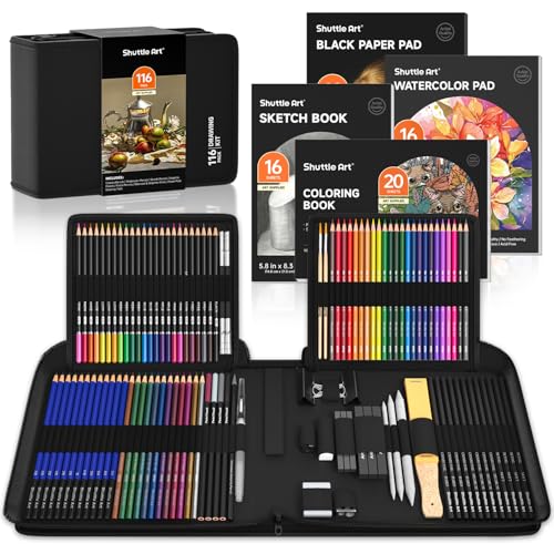 Shuttle Art 116 PCS Drawing Kit, Professional Drawing Supplies with Sketch, Charcoal, Colored, Graphite, Pastel Pencils & Sticks, Complete Drawing Tools and Paper Pads in Zipper Case for Artists&Kids