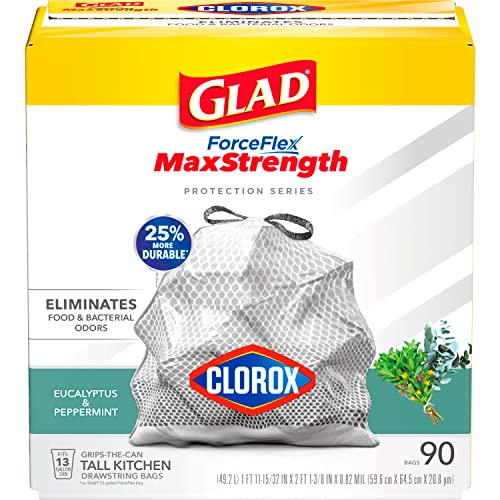 Glad Trash Bags, Tall Kitchen Garbage Bags ForceFlexPlus with Clorox, 13 Gallon, Eucalyptus and Peppermint, 90 Count (Package May Vary)