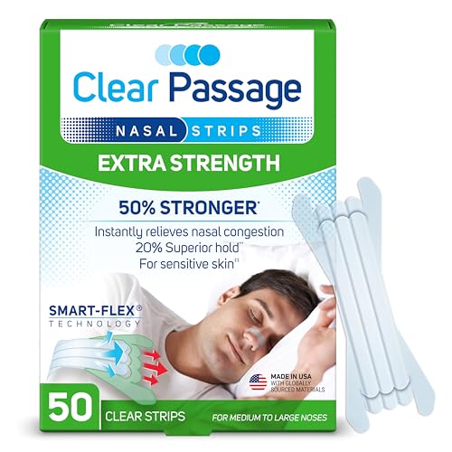 Clear Passage Nasal Strips, Clear Extra Strength, 50 Count | Works Instantly to Improve Sleep, Reduce Snoring, & Relieve Nasal Congestion Due to Colds & Allergies