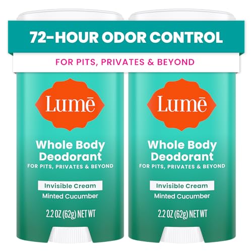 Lume Whole Body Deodorant - Invisible Cream Stick - 72 Hour Odor Control - Aluminum Free, Baking Soda Free, Skin Safe - 2.2 Ounce (Pack of 2) (Minted Cucumber)