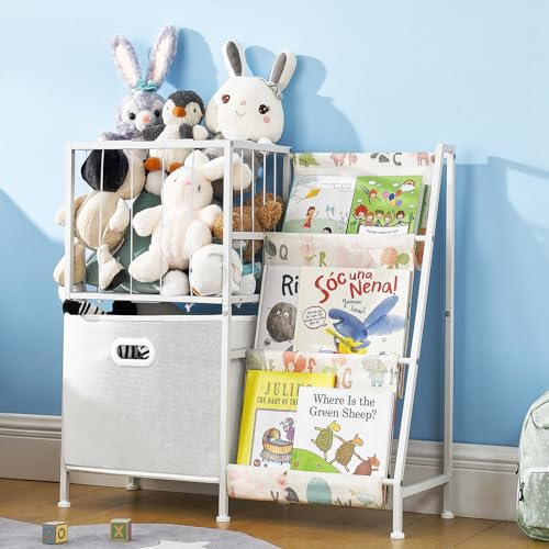 Kids Bookcase Stuffed Animal Storage, 3 Tier Kids Bookshelf and Toy Storage Organizer with Toy Box for Toddler Kids Rooms, Bedroom, Playroom, Nursery, Montessori Baby Toddler