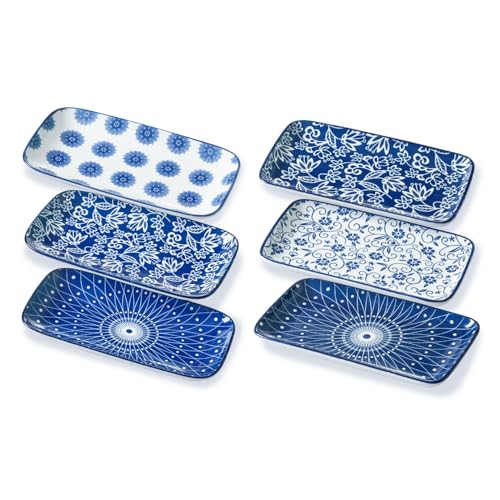 Gibsimi Rectangle Serving Plates Set - 8.3 Inch Rectangular Ceramic Dinner Dishes- Oven Microwave Dishwasher Safe - Porcelain Platter for Salad Appetizer Sushi Dessert - Set of 6 - Vintage Blue