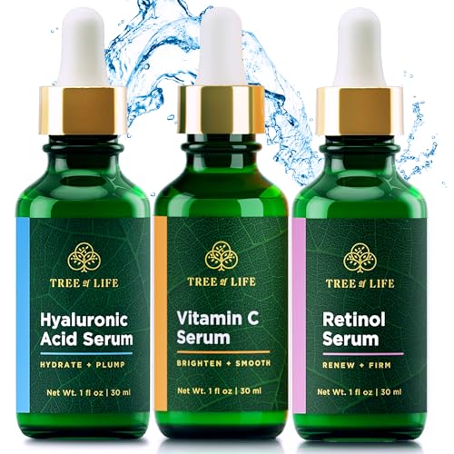 Tree of Life Beauty Facial Skin Care Set, Brightening, Firming, Hydrating, Dry Face, Dermatologist Tested - Trio Power Kit, Vitamin C, Retinol and Hyaluronic Acid, 3 count of 1 Fl Oz