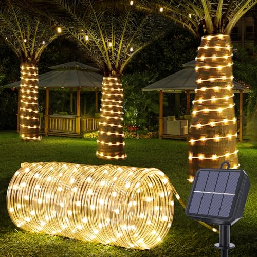 Solar Rope Lights, 66ft 200LED Solar String Lights, 8 Modes Waterproof Solar Powered Outdoor Lights, Flexible Clear Tube Lights for Garden, Backyard, Patio, Deck, Porch, Pool,Tree Decor - Warm White