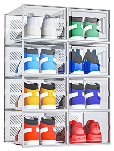 Ateboon XX-Large Foldable Shoe Storage Box, 8 Pack Shoe Boxes Clear Plastic Stackable, Shoe Organizer for Closet, Sneaker Storage for Sneakerheads,Shoe Bin Boot Storage, Fit for Men/Women US Size 13