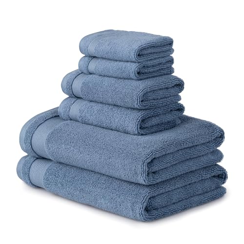 MARTHA STEWART 100% Cotton Bath Towels Set Of 6 Piece, 2 Bath Towels, 2 Hand Towels, 2 Washcloths, Quick Dry Towels, Soft & Absorbent, Bathroom Essentials, Blue