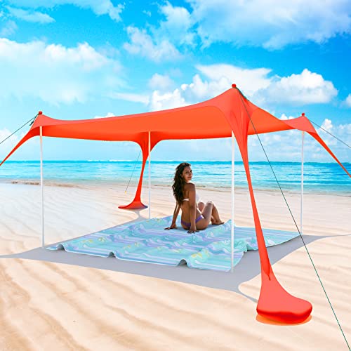 Zeepair Beach Tent Pop Up Shade Canopy Sun Shelter UPF50+ with 2 Stability Poles/Carry Bag/Ground Pegs/Sand Shovel/Windproof Ropes Portable Outdoor Family Sunshade for Beach Camping (Orange, 7×7FT)