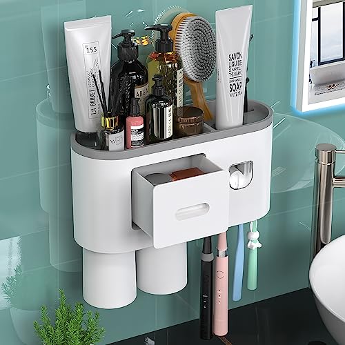 Toothbrush Holder Wall Mounted, Automatic Toothpaste Dispenser Squeezer Kit -Magnetic Toothbrush Holder for Bathroom and Vanity, 4 Brush Slots 2 Cups 1 Cosmetic Drawer