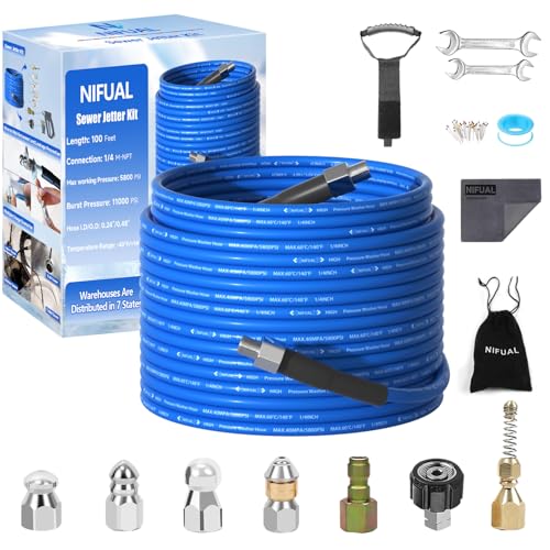 NIFUAL Sewer Jetter Kit 100FT for Pressure Washer,5800PSI Drain Cleaner Hose for 1/4 Inch NPT Corner Rotating and Button Nose, Sewer Jetting Nozzle Pearl Corsage Pin Waterproof Tape with 2 Spanner