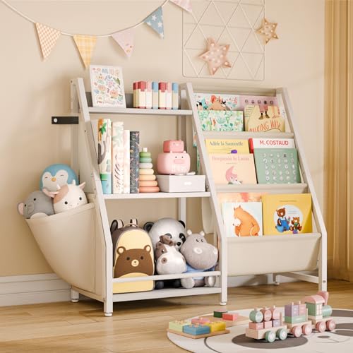 HAVLOTII Kids Bookshelf and Toy Organizer, 3 Tier Bookshelf for Kids, Montessori Bookcase Book Shelf for Kids Rooms, Bedroom, Playroom, Nursery, Toy Storage Organizer with Bookshelf (White)