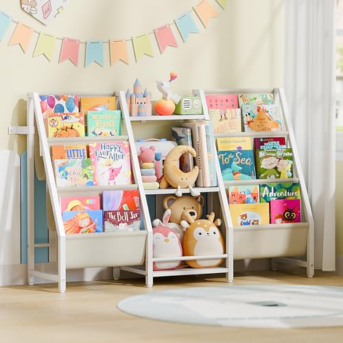 Kids Bookshelf Toy Storage Organizer - Book Shelf for Kids Rooms, 2 Sides Kids Bookcase with 3 Tired Kids Toy Storage Organizer, White Toddler Baby Bookshelf Book Shelves for Bedroom Nursery Playroom