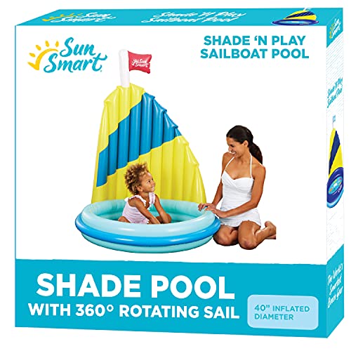 SunSmart Shade ‘N Play Sailboat Kiddie Pool with 360° Rotating Sun Shade Sail, Heavy Duty Double-Ring Mini Pool, Inflatable Kids Splash and Play Pool, Outdoor Water Toy, 40' Small Pool for Toddlers